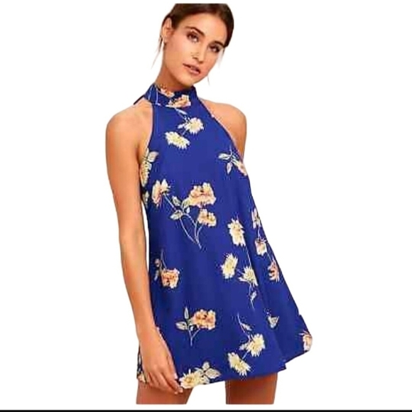 Lulus Darling Dearest Royal Blue Floral Mini Swing Dress Size S - Picture 2 of 10